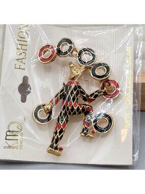 Enameled Jester Clown Brooch Juggling Red Black Rings Gold Tone KMQ